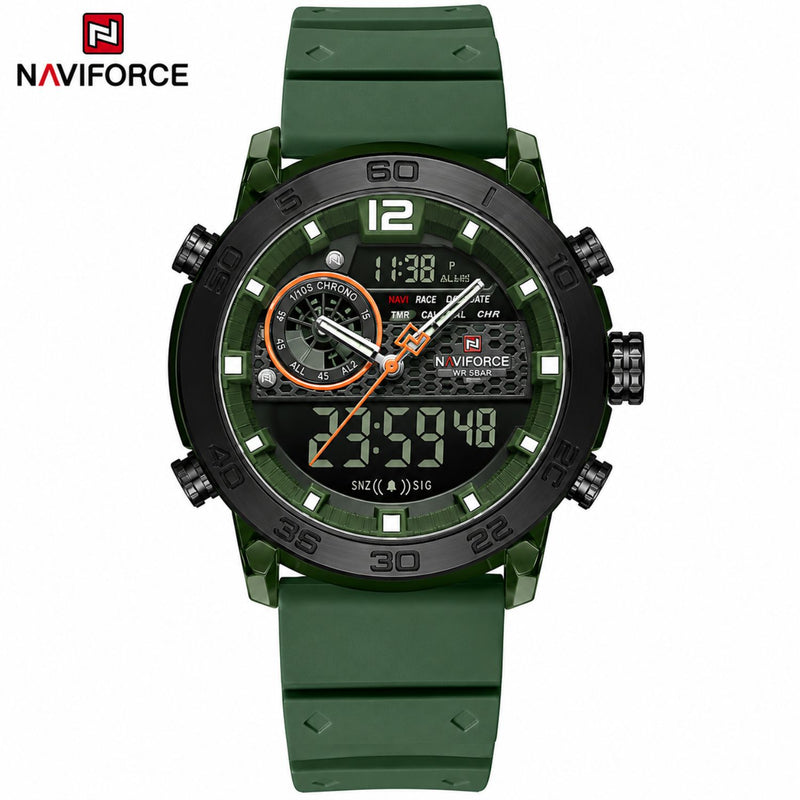 Naviforce Reloj Analógico y Digital Verde con Correa de Silicona, Diámetro de 45 mm, Cristal Acrílico HD y Resistencia al Agua 5 ATM.