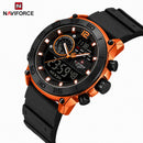 Naviforce Reloj Analógico y Digital en Negro y Naranja con Correa de Silicona, Diámetro de 45 mm, Cristal Acrílico HD y Resistencia al Agua 5 ATM.