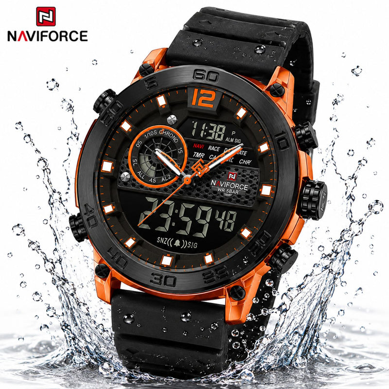 Naviforce Reloj Analógico y Digital en Negro y Naranja con Correa de Silicona, Diámetro de 45 mm, Cristal Acrílico HD y Resistencia al Agua 5 ATM.