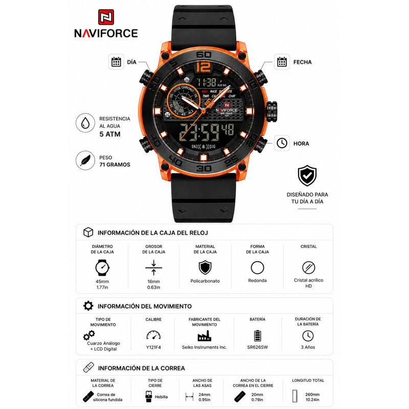 Naviforce Reloj Analógico y Digital en Negro y Naranja con Correa de Silicona, Diámetro de 45 mm, Cristal Acrílico HD y Resistencia al Agua 5 ATM.