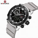 Naviforce Reloj Analógico y Digital Gris con Detalles en Negro y Plateado, Correa de Silicona, Diámetro de 45 mm, Cristal Acrílico HD y Resistencia al Agua 5 ATM.