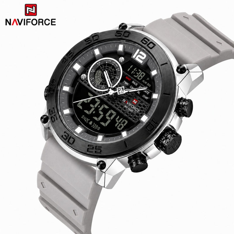 Naviforce Reloj Analógico y Digital Gris con Detalles en Negro y Plateado, Correa de Silicona, Diámetro de 45 mm, Cristal Acrílico HD y Resistencia al Agua 5 ATM.
