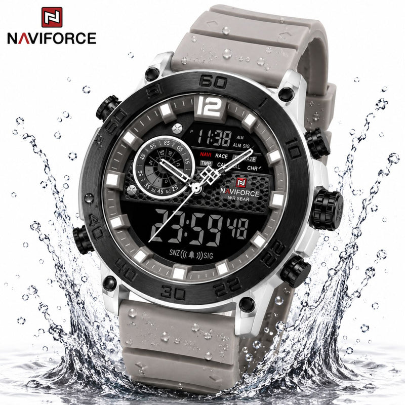 Naviforce Reloj Analógico y Digital Gris con Detalles en Negro y Plateado, Correa de Silicona, Diámetro de 45 mm, Cristal Acrílico HD y Resistencia al Agua 5 ATM.
