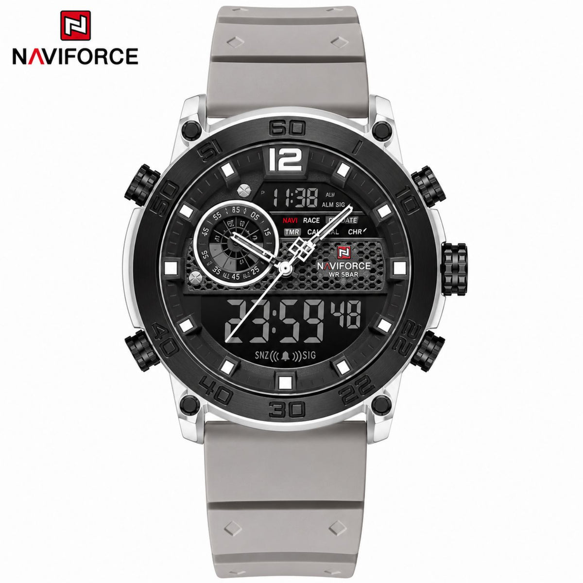 Naviforce Reloj Analógico y Digital Gris con Detalles en Negro y Plateado, Correa de Silicona, Diámetro de 45 mm, Cristal Acrílico HD y Resistencia al Agua 5 ATM.
