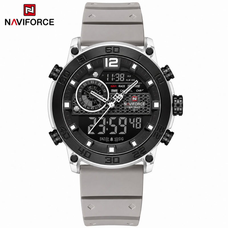 Naviforce Reloj Analógico y Digital Gris con Detalles en Negro y Plateado, Correa de Silicona, Diámetro de 45 mm, Cristal Acrílico HD y Resistencia al Agua 5 ATM.