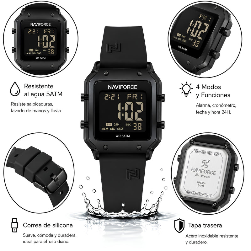 Naviforce Reloj Digital Negro con Correa de Silicona, Diámetro de 34 mm, Cristal Acrílico HD y Resistencia al Agua 5 ATM.