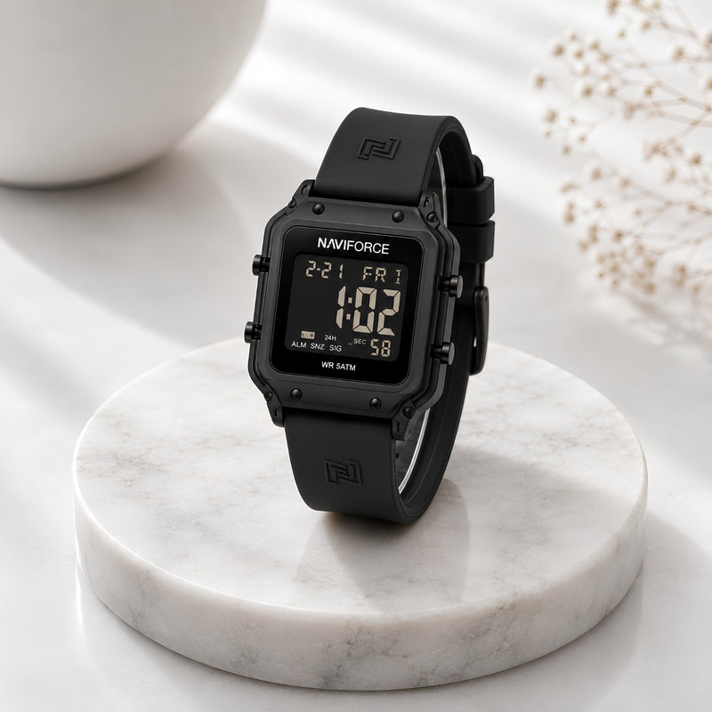 Naviforce Reloj Digital Negro con Correa de Silicona, Diámetro de 34 mm, Cristal Acrílico HD y Resistencia al Agua 5 ATM.