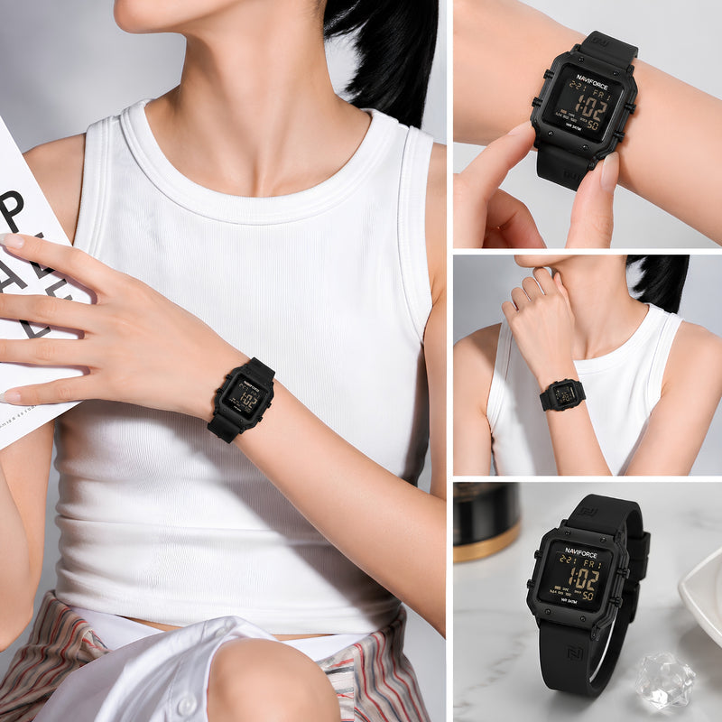 Naviforce Reloj Digital Negro con Correa de Silicona, Diámetro de 34 mm, Cristal Acrílico HD y Resistencia al Agua 5 ATM.