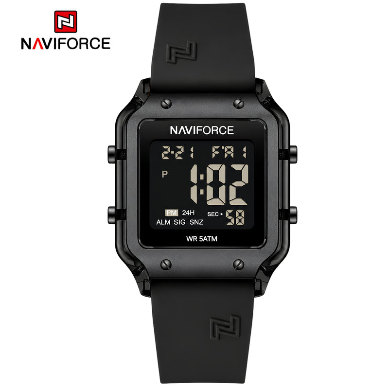 Naviforce Reloj Digital Negro con Correa de Silicona, Diámetro de 34 mm, Cristal Acrílico HD y Resistencia al Agua 5 ATM.