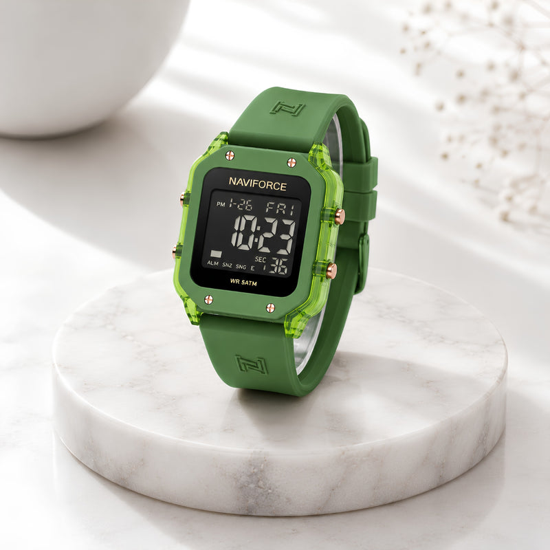 Naviforce Reloj Digital Verde con Correa de Silicona, Diámetro de 34 mm, Cristal Acrílico HD y Resistencia al Agua 5 ATM.