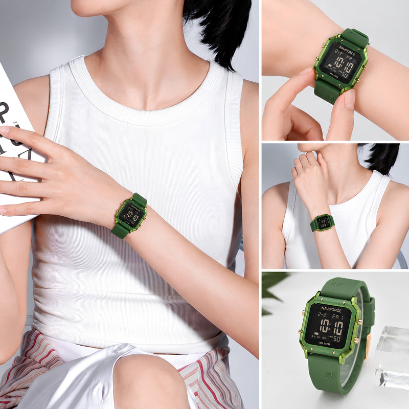 Naviforce Reloj Digital Verde con Correa de Silicona, Diámetro de 34 mm, Cristal Acrílico HD y Resistencia al Agua 5 ATM.