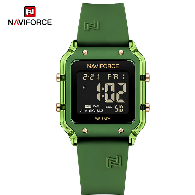 Naviforce Reloj Digital Verde con Correa de Silicona, Diámetro de 34 mm, Cristal Acrílico HD y Resistencia al Agua 5 ATM.
