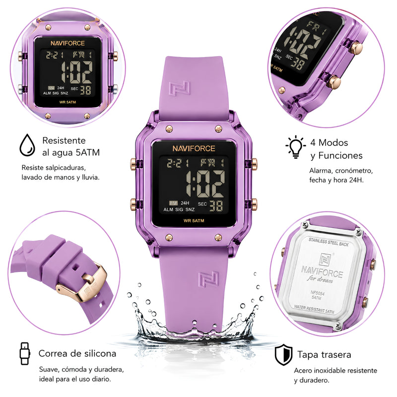 Naviforce Reloj Digital Morado con Correa de Silicona, Diámetro de 34 mm, Cristal Acrílico HD y Resistencia al Agua 5 ATM.