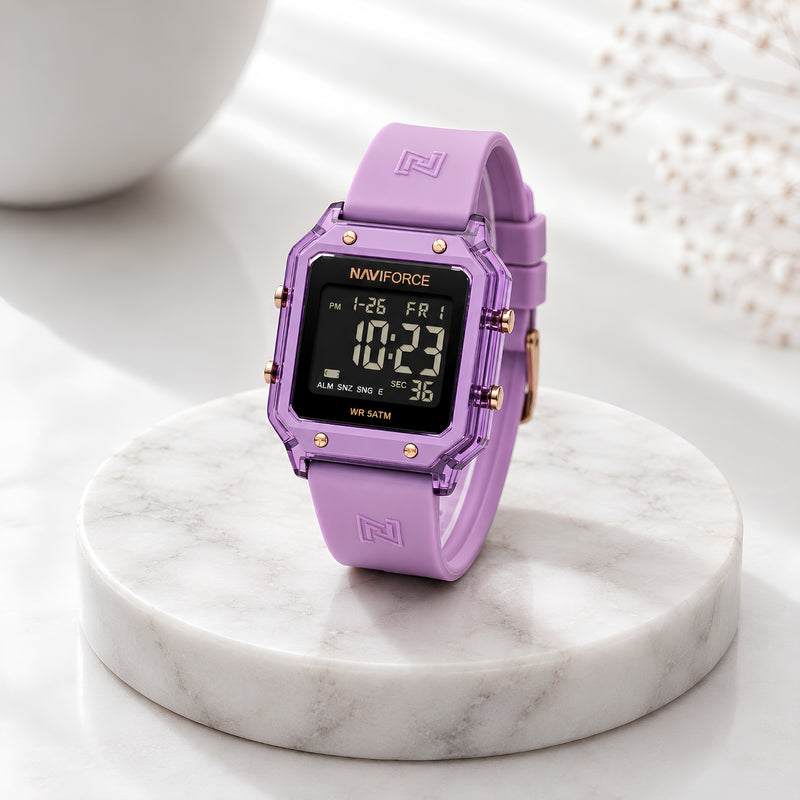 Naviforce Reloj Digital Morado con Correa de Silicona, Diámetro de 34 mm, Cristal Acrílico HD y Resistencia al Agua 5 ATM.