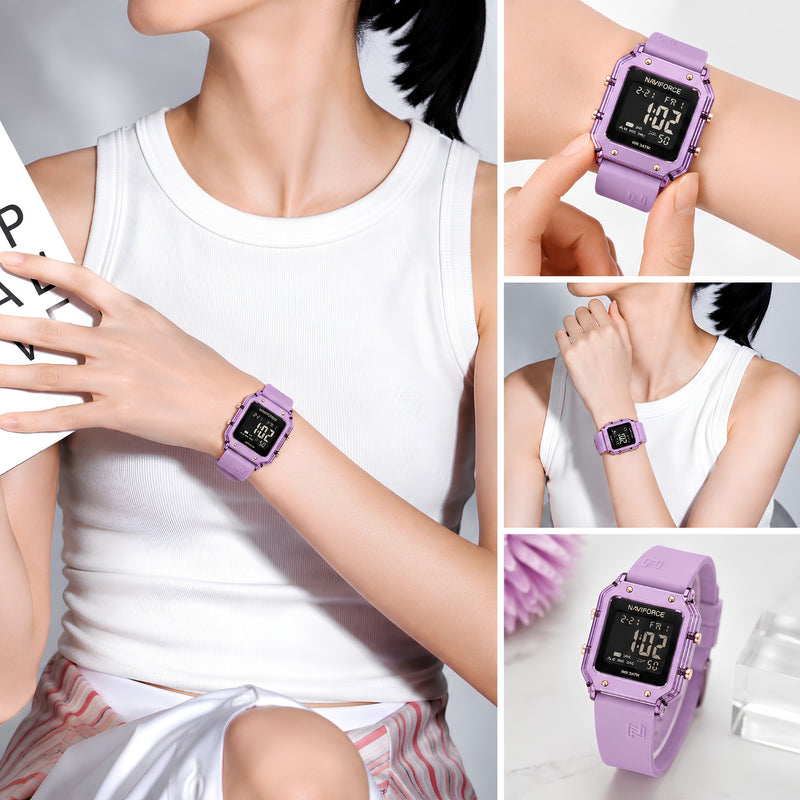 Naviforce Reloj Digital Morado con Correa de Silicona, Diámetro de 34 mm, Cristal Acrílico HD y Resistencia al Agua 5 ATM.