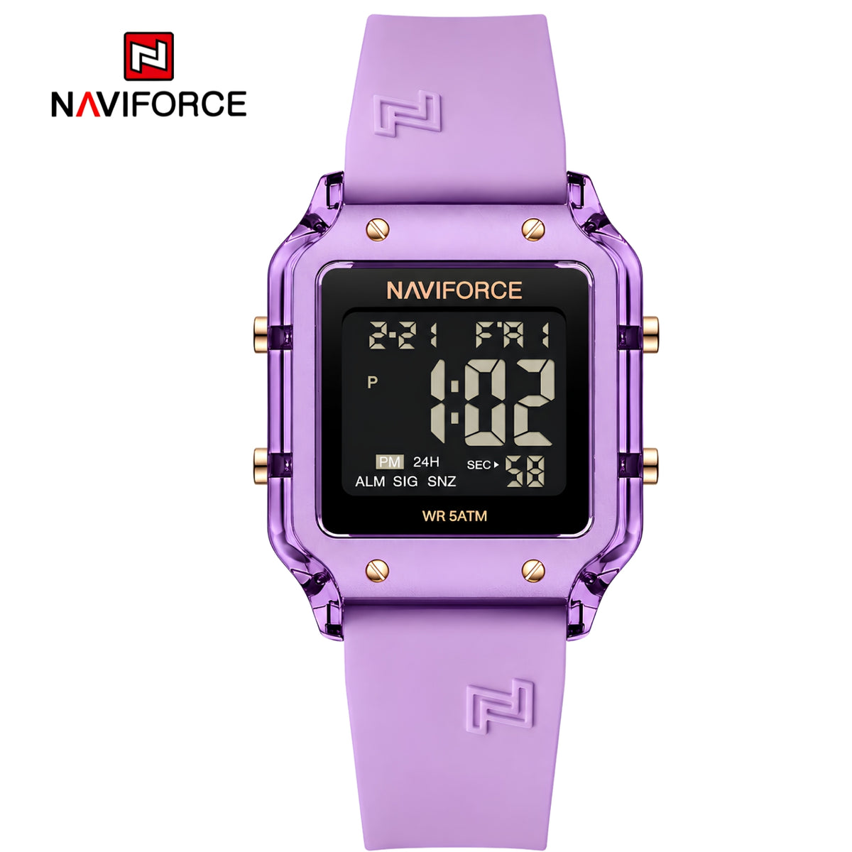 Naviforce Reloj Digital Morado con Correa de Silicona, Diámetro de 34 mm, Cristal Acrílico HD y Resistencia al Agua 5 ATM.