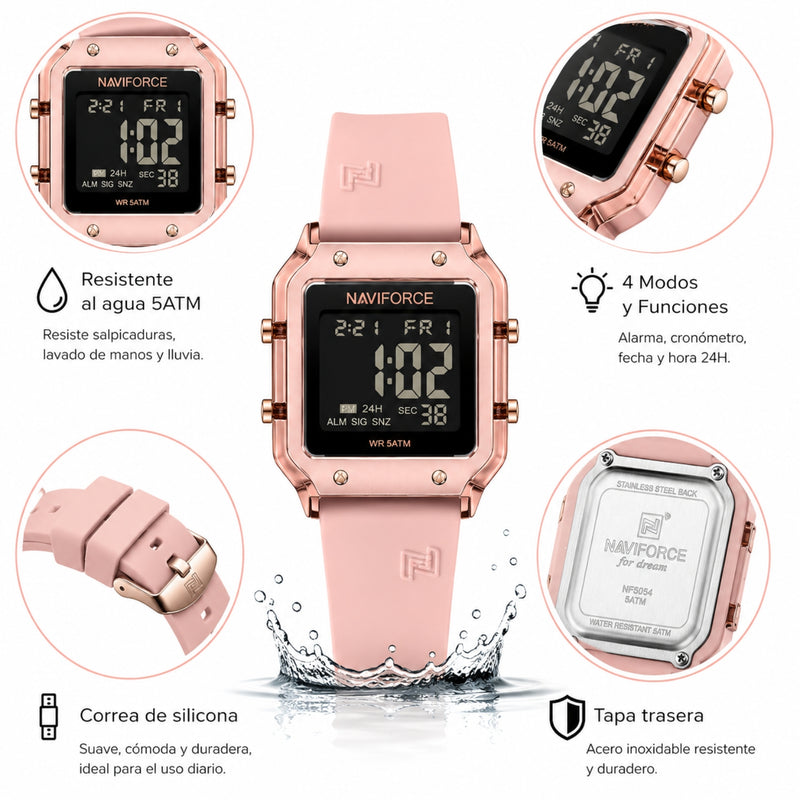 Naviforce Reloj Digital Rosado con Correa de Silicona, Diámetro de 34 mm, Cristal Acrílico HD y Resistencia al Agua 5 ATM.