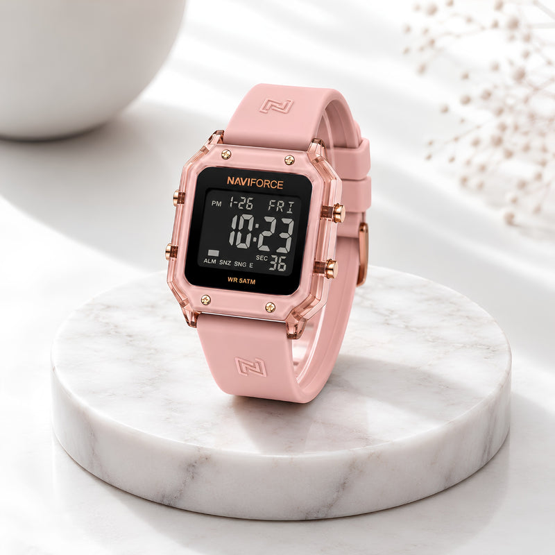 Naviforce Reloj Digital Rosado con Correa de Silicona, Diámetro de 34 mm, Cristal Acrílico HD y Resistencia al Agua 5 ATM.