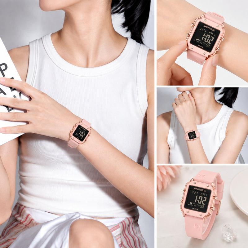 Naviforce Reloj Digital Rosado con Correa de Silicona, Diámetro de 34 mm, Cristal Acrílico HD y Resistencia al Agua 5 ATM.