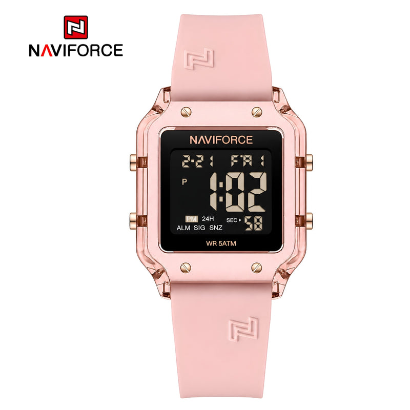 Naviforce Reloj Digital Rosado con Correa de Silicona, Diámetro de 34 mm, Cristal Acrílico HD y Resistencia al Agua 5 ATM.