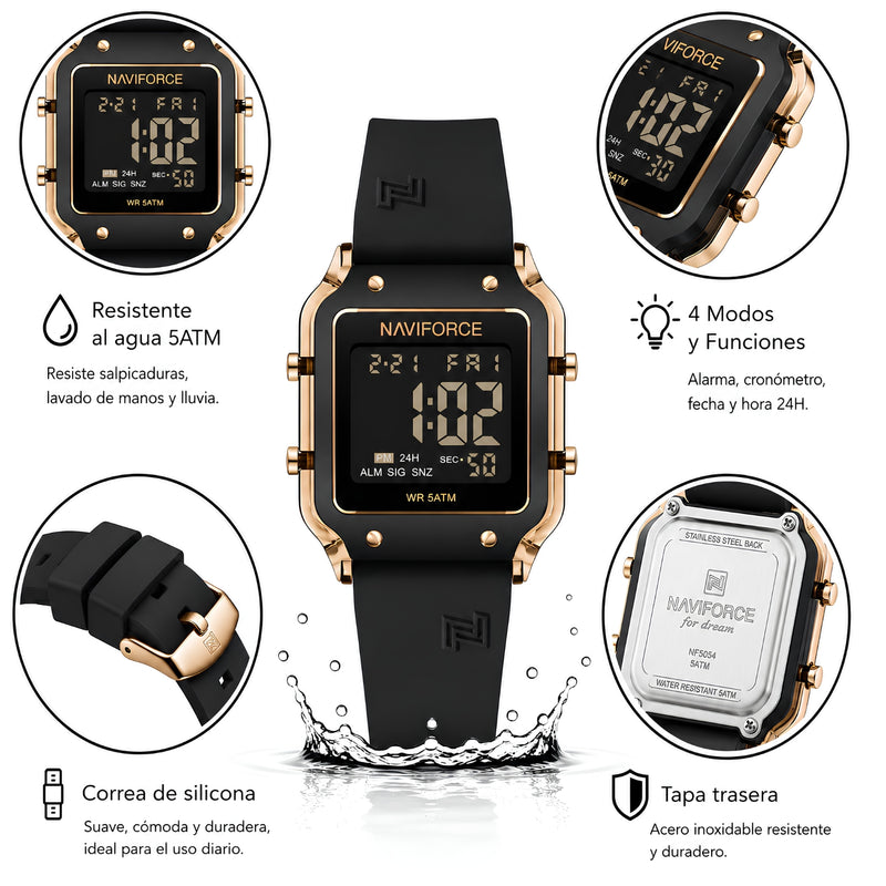 Naviforce Reloj Digital Negro con Detalles Rose Gold y Correa de Silicona, Diámetro de 34 mm, Cristal Acrílico HD y Resistencia al Agua 5 ATM.