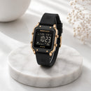 Naviforce Reloj Digital Negro con Detalles Rose Gold y Correa de Silicona, Diámetro de 34 mm, Cristal Acrílico HD y Resistencia al Agua 5 ATM.
