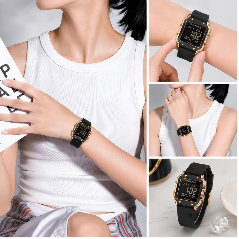 Naviforce Reloj Digital Negro con Detalles Rose Gold y Correa de Silicona, Diámetro de 34 mm, Cristal Acrílico HD y Resistencia al Agua 5 ATM.