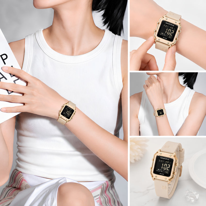 Naviforce Reloj Digital Beige con Detalles Rose Gold y Correa de Silicona, Diámetro de 34 mm, Cristal Acrílico HD y Resistencia al Agua 5 ATM.
