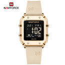 Naviforce Reloj Digital Beige con Detalles Rose Gold y Correa de Silicona, Diámetro de 34 mm, Cristal Acrílico HD y Resistencia al Agua 5 ATM.