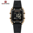 Naviforce Reloj Digital Negro con Detalles Rose Gold y Correa de Silicona, Diámetro de 34 mm, Cristal Acrílico HD y Resistencia al Agua 5 ATM.