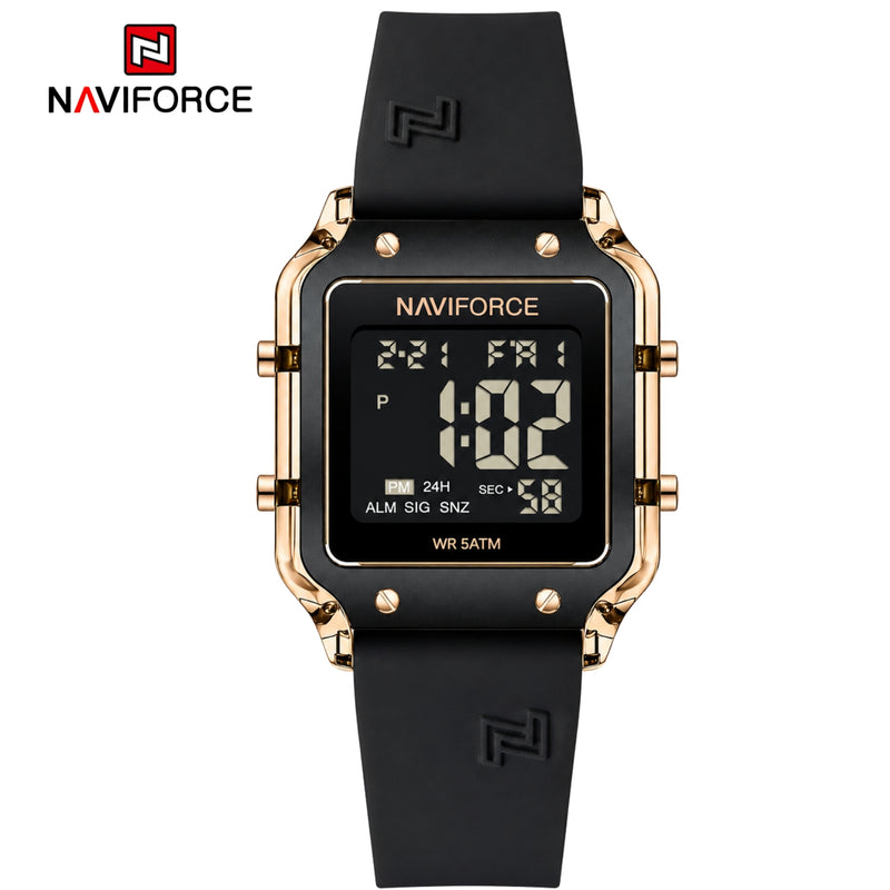 Naviforce Reloj Digital Negro con Detalles Rose Gold y Correa de Silicona, Diámetro de 34 mm, Cristal Acrílico HD y Resistencia al Agua 5 ATM.