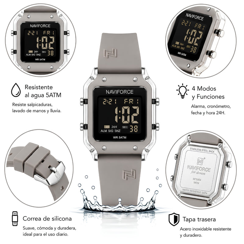 Naviforce Reloj Digital Gris con Detalles Plateados y Correa de Silicona, Diámetro de 34 mm, Cristal Acrílico HD y Resistencia al Agua 5 ATM.
