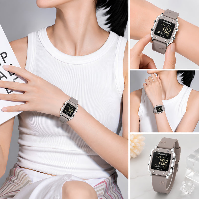 Naviforce Reloj Digital Gris con Detalles Plateados y Correa de Silicona, Diámetro de 34 mm, Cristal Acrílico HD y Resistencia al Agua 5 ATM.