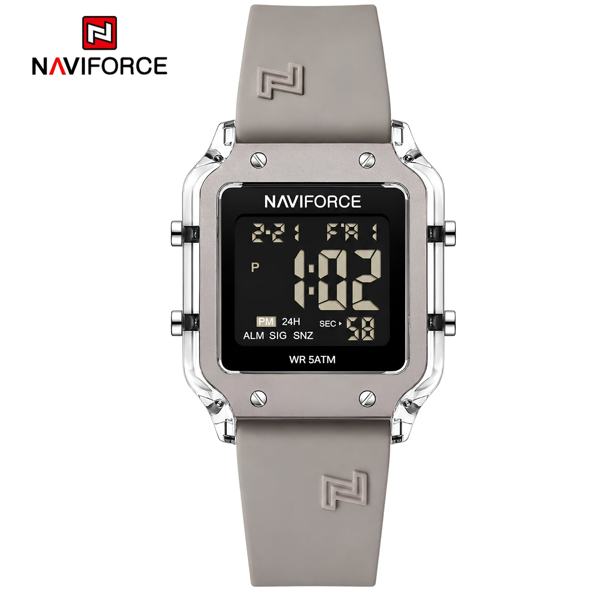 Naviforce Reloj Digital Gris con Detalles Plateados y Correa de Silicona, Diámetro de 34 mm, Cristal Acrílico HD y Resistencia al Agua 5 ATM.