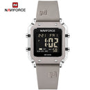 Naviforce Reloj Digital Gris con Detalles Plateados y Correa de Silicona, Diámetro de 34 mm, Cristal Acrílico HD y Resistencia al Agua 5 ATM.