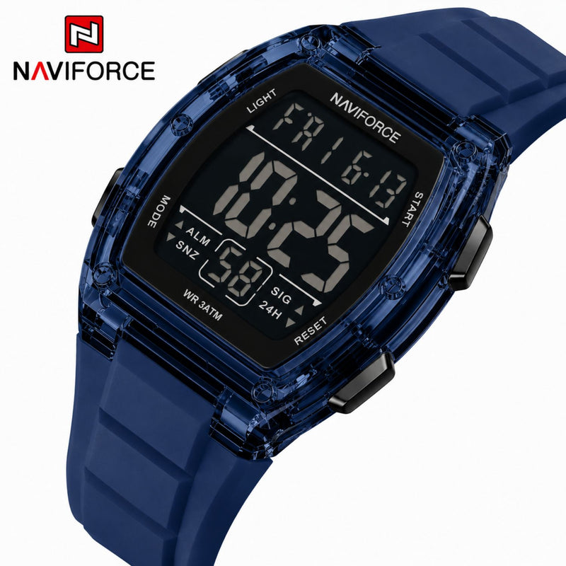 Naviforce Reloj Digital Azul con Correa de Silicona, Diámetro de 46 mm, Cristal Acrílico HD y Resistencia al Agua 5 ATM.