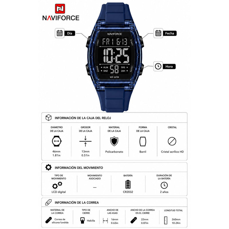 Naviforce Reloj Digital Azul con Correa de Silicona, Diámetro de 46 mm, Cristal Acrílico HD y Resistencia al Agua 5 ATM.
