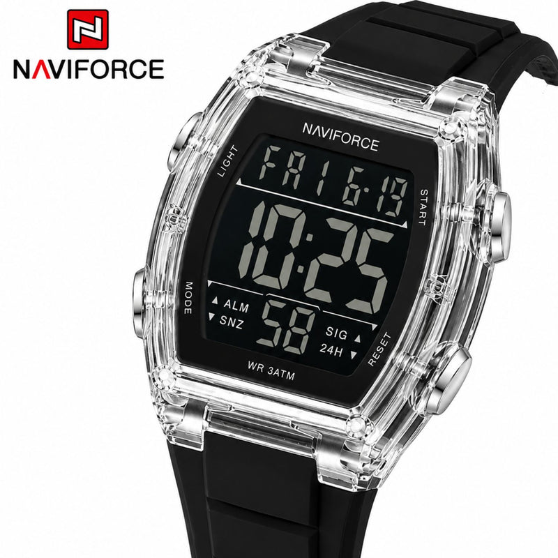 Naviforce Reloj Digital Negro con Acero, Correa de Silicona, Diámetro de 46 mm, Cristal Acrílico HD y Resistencia al Agua 5 ATM.