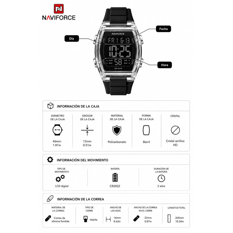 Naviforce Reloj Digital Negro con Acero, Correa de Silicona, Diámetro de 46 mm, Cristal Acrílico HD y Resistencia al Agua 5 ATM.