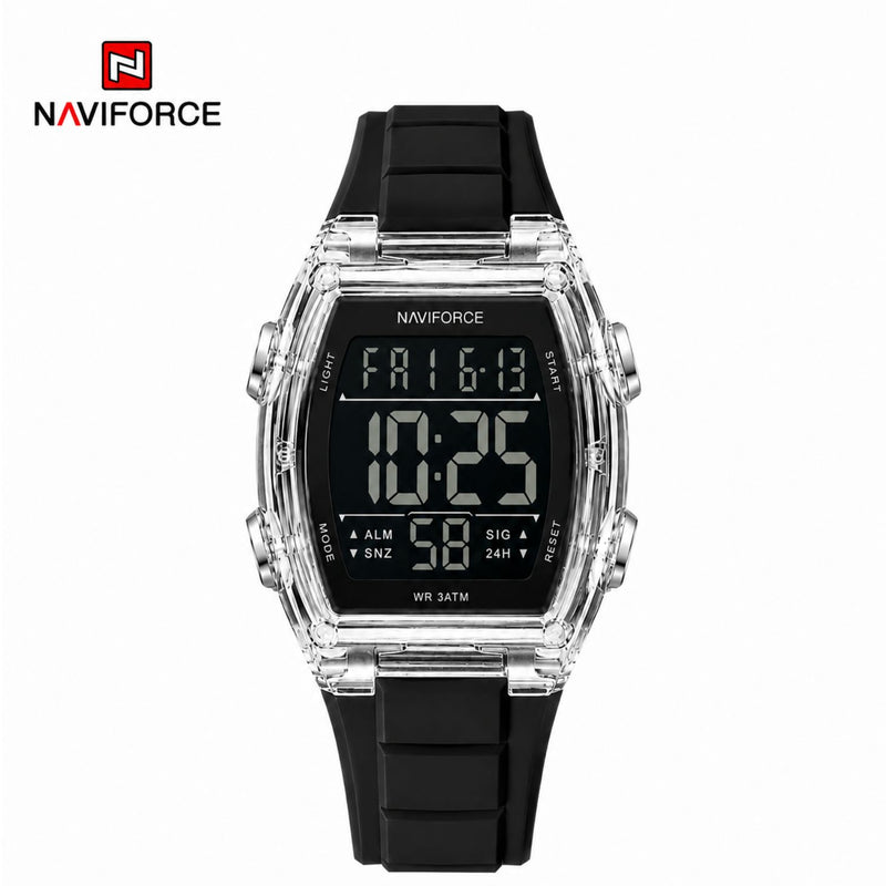 Naviforce Reloj Digital Negro con Acero, Correa de Silicona, Diámetro de 46 mm, Cristal Acrílico HD y Resistencia al Agua 5 ATM.
