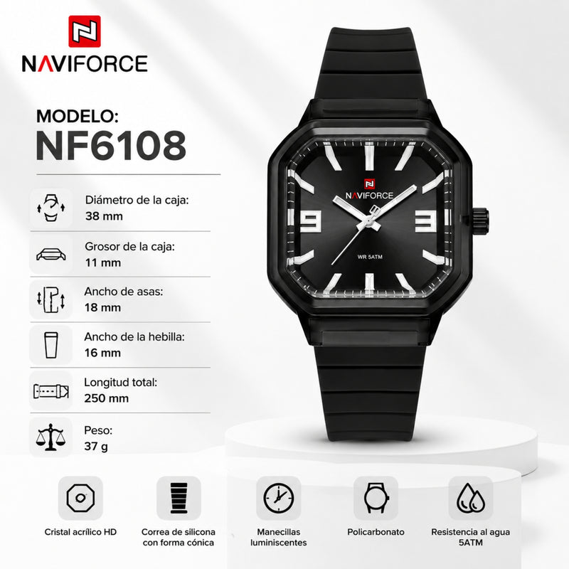 Naviforce Reloj Analógico Negro con Correa de Silicona, Diámetro de 38 mm, Cristal Acrílico HD y Resistencia al Agua 5 ATM.