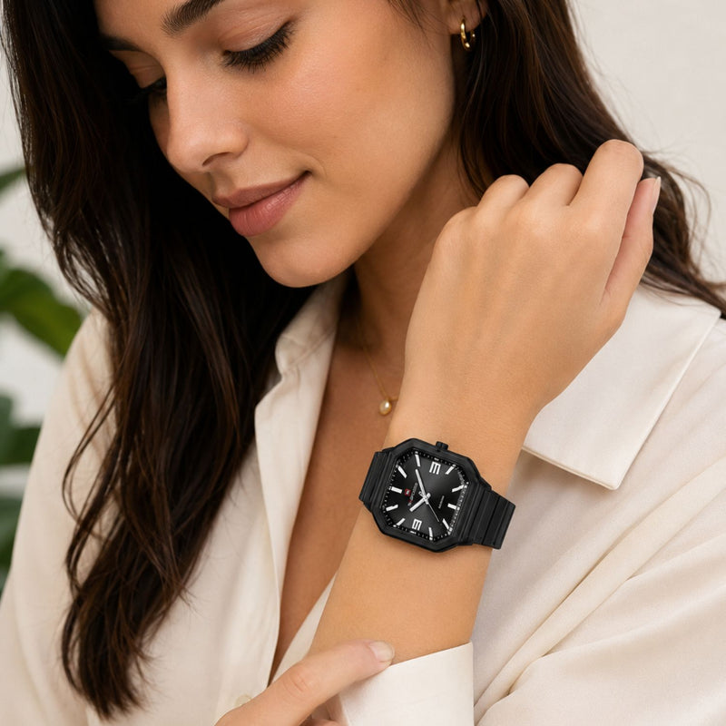 Naviforce Reloj Analógico Negro con Correa de Silicona, Diámetro de 38 mm, Cristal Acrílico HD y Resistencia al Agua 5 ATM.