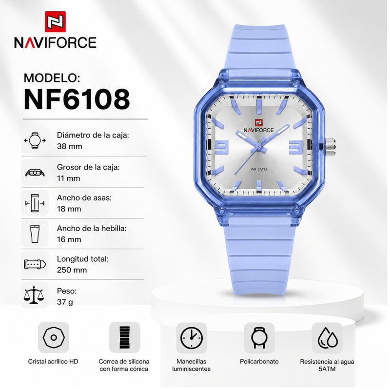 Naviforce Reloj Analógico Lila con Correa de Silicona, Diámetro de 38 mm, Cristal Acrílico HD y Resistencia al Agua 5 ATM.