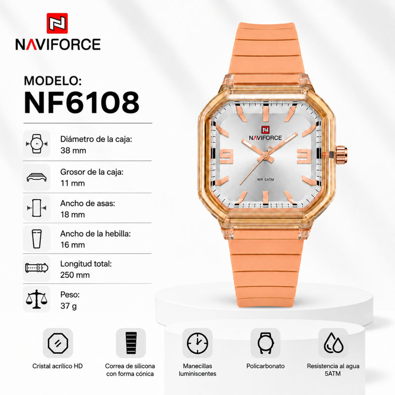 Naviforce Reloj Analógico Rose Gold con Correa de Silicona, Diámetro de 38 mm, Cristal Acrílico HD y Resistencia al Agua 5 ATM.