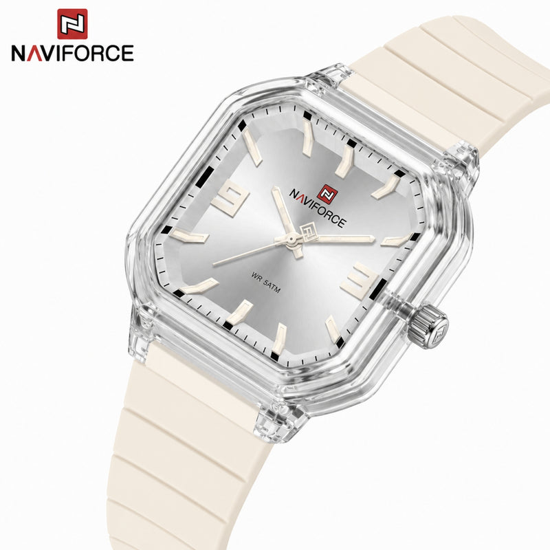 Naviforce Reloj Analógico Beige con Correa de Silicona, Diámetro de 38 mm, Cristal Acrílico HD y Resistencia al Agua 5 ATM.