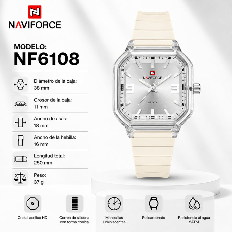Naviforce Reloj Analógico Beige con Correa de Silicona, Diámetro de 38 mm, Cristal Acrílico HD y Resistencia al Agua 5 ATM.