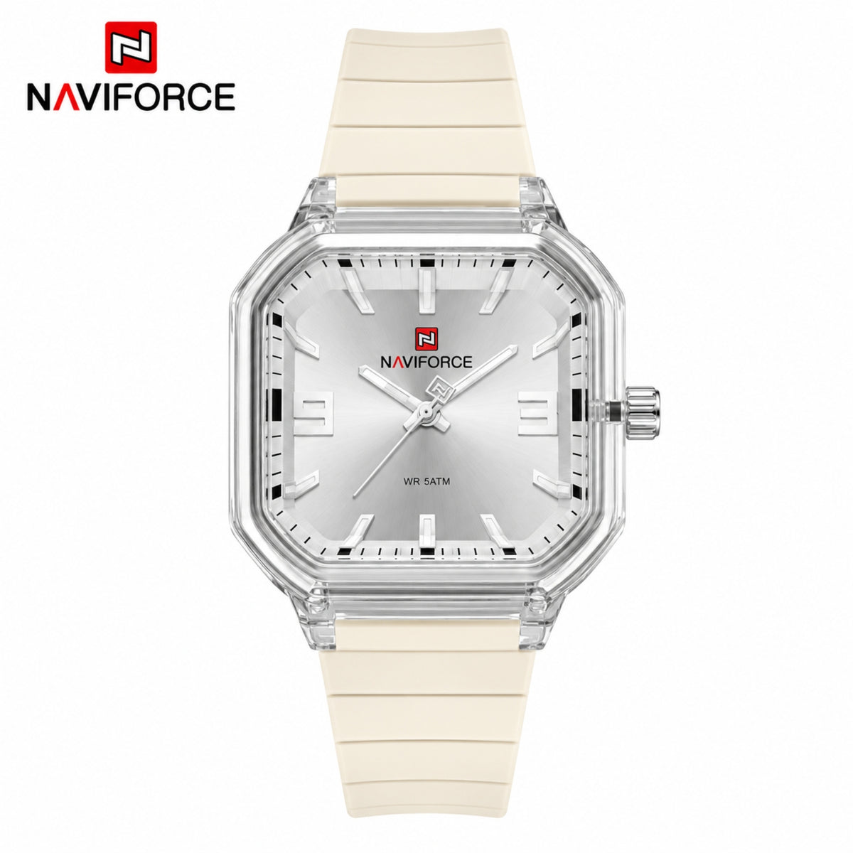 Naviforce Reloj Analógico Beige con Correa de Silicona, Diámetro de 38 mm, Cristal Acrílico HD y Resistencia al Agua 5 ATM.