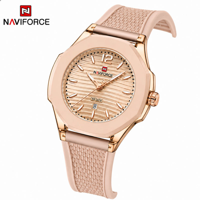 Naviforce Reloj Analógico Dorado con Correa de Acero Inoxidable, Diámetro de 35 mm, Cristal Acrílico HD y Resistencia al Agua 5 ATM.