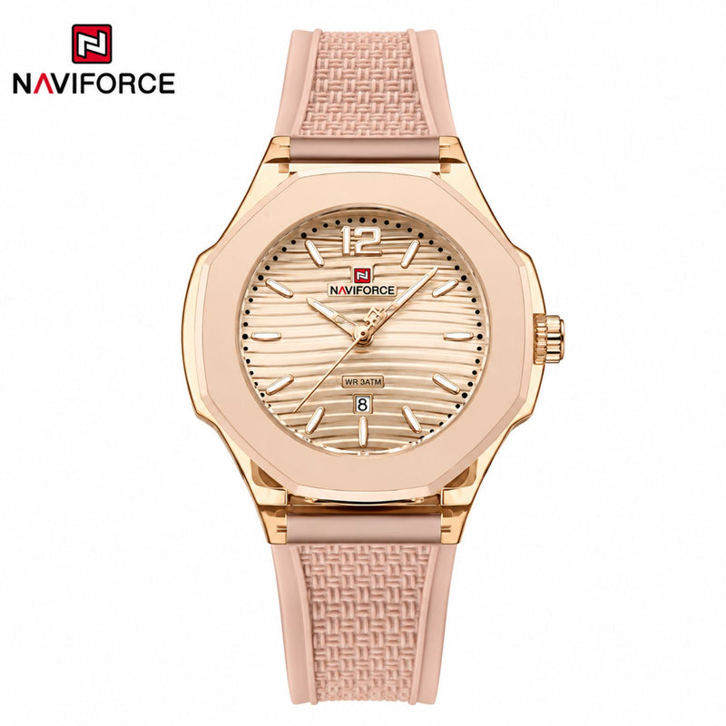 Naviforce Reloj Analógico Dorado con Correa de Acero Inoxidable, Diámetro de 35 mm, Cristal Acrílico HD y Resistencia al Agua 5 ATM.