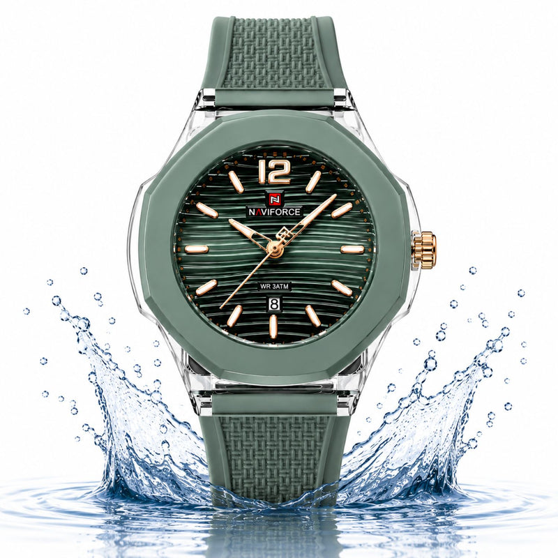 Naviforce Reloj Analógico Verde con Detalles Plateados con Correa de Acero Inoxidable, Diámetro de 35 mm, Cristal Acrílico HD y Resistencia al Agua 5 ATM.